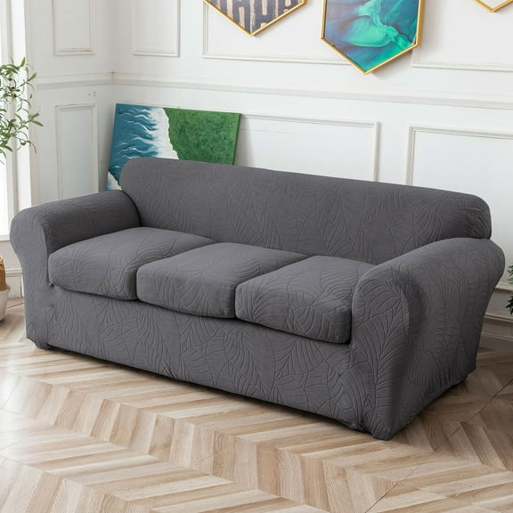 Three seater sofa cover with leaf texture, fabric protection, pet friendly, beautiful, easy to clean, non slip, waterproof, beautifying sofa, used in living room and bedroom