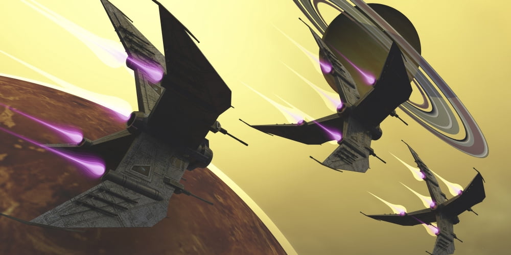 Three spacecraft pass by one of Saturns moons on their journey Canvas Art - Corey FordStocktrek Images (40 x 20)