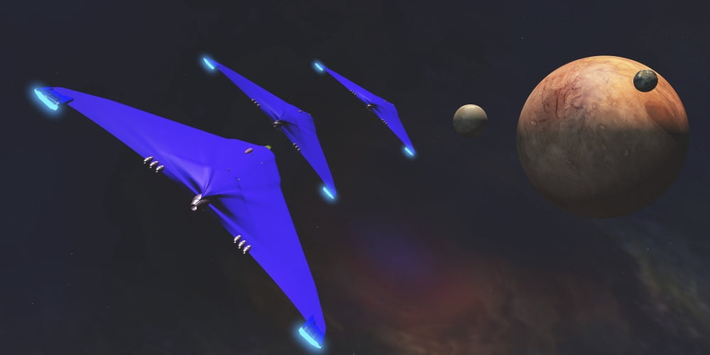 Three spaceships from Earth travel to a planet near the Crab Nebula Canvas Art - Corey FordStocktrek Images (40 x 20)