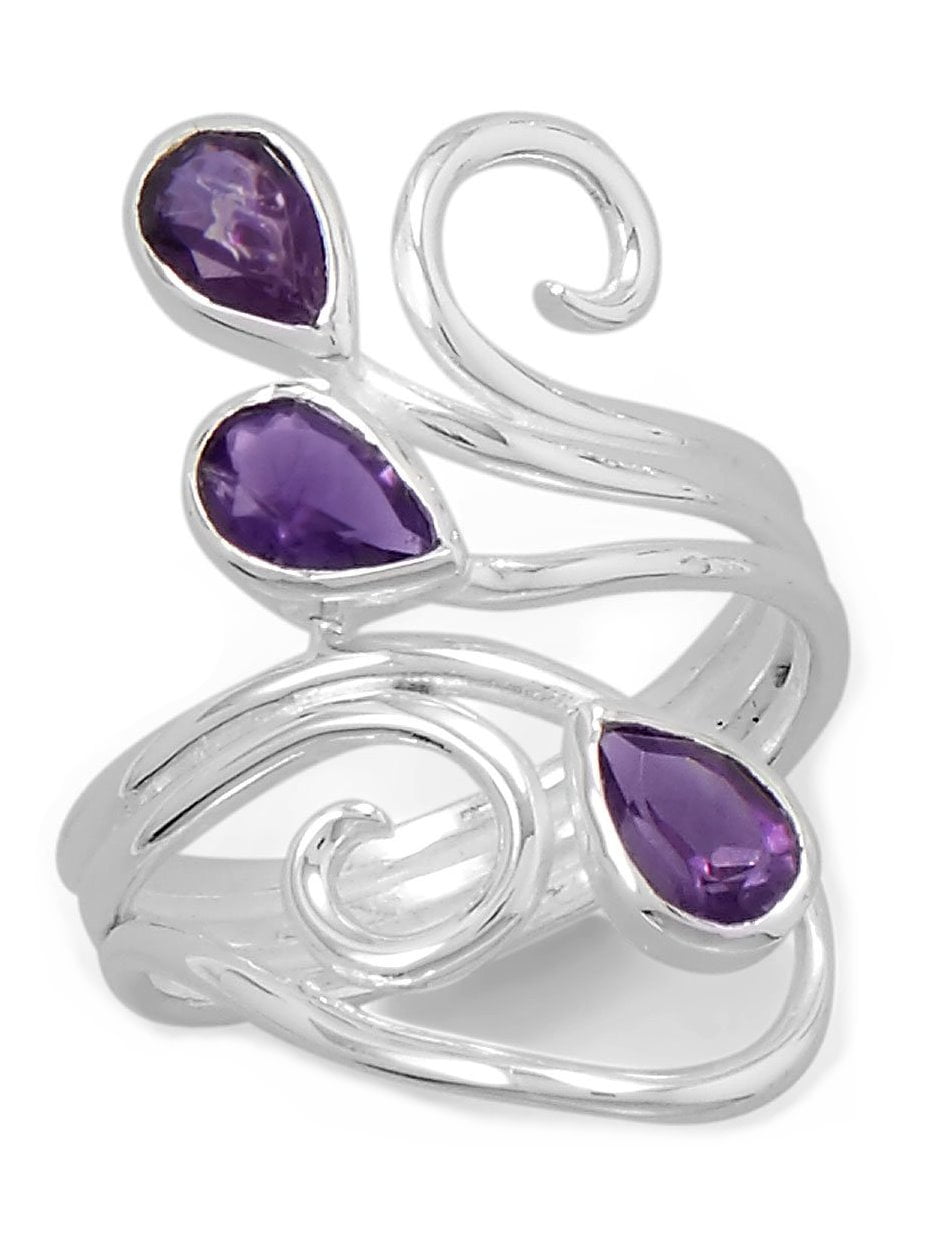 Three-stone Teardrop Amethyst Ring Swirl Scroll Design Sterling Silver Three-stone Teardrop Amethyst Ring Swirl Scroll Design Sterling Silver