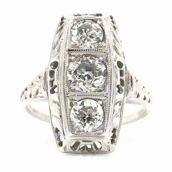 Three stone Vintage Wedding Ring, Split Shank Solitaire Engageement Ring, Filigree Art Deco Anniversary Ring For Her Birthday Gift's, 2.2 Ct Simulated Round Cut Diamond, 14K White Gold Plated