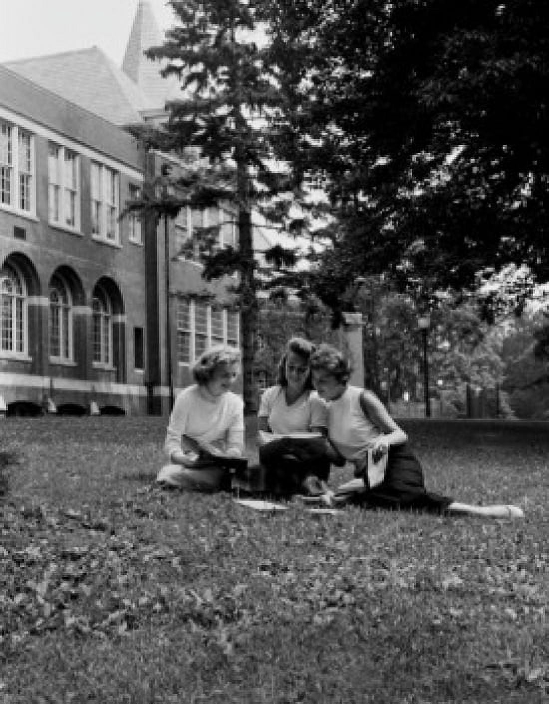 Three student girls sitting on lawn and learning Canvas Art - (18 x 24)
