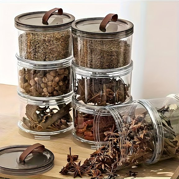 Three-tier Round Handheld Spice Box, Multi-layer Fresh-keeping Container, Transparent Airtight Jar, Food-grade Storage Container. Suitable for Grains, Cereals, Snacks, and Spices