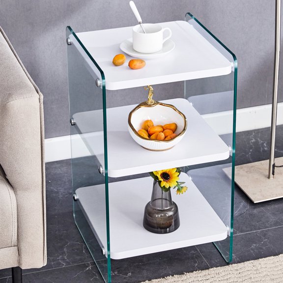 Three - tier bedside table of MDF and glass / Versatile for various uses, powerful storage