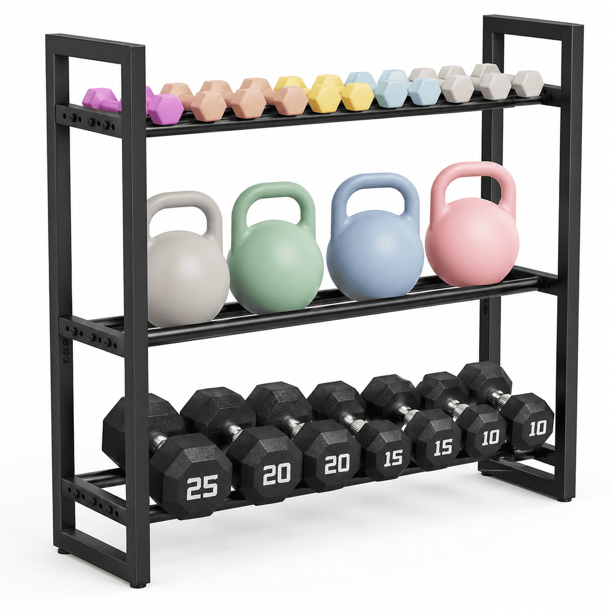 Three-tier dumbbell rack (frame only, dumbbells not included) Suitable for home gyms and compact training spaces Organises and stores dumbbells Maximum load capacity: 390 lbs