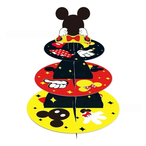 Three-tiered cartoon mouse-themed cupcake stand, sturdy and stable, made of cardboard, suitable for decorating cakes and desserts, perfect for birthday party decorations.