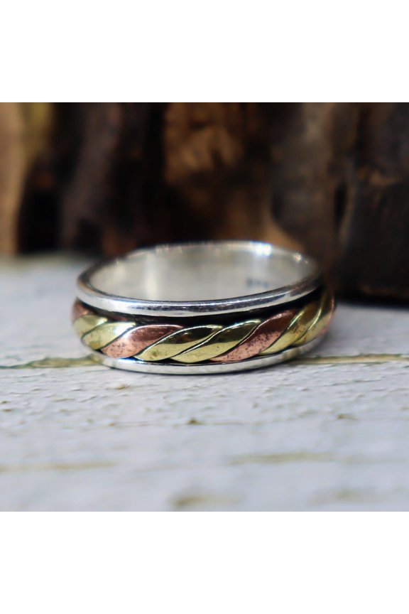 Three tone Spinner Ring, Concave Comfort Fit, Spinner Ring, 925 Silver Ring, Nature Inspired Jewelry, Spiritual Jewelry,Fidget Bohemian Ring