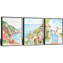 Three vintage pink watercolor canvas wall art prints, pastel-toned poster canvases, watercolor paintings, church street scene murals, bedroom decor home wall decor