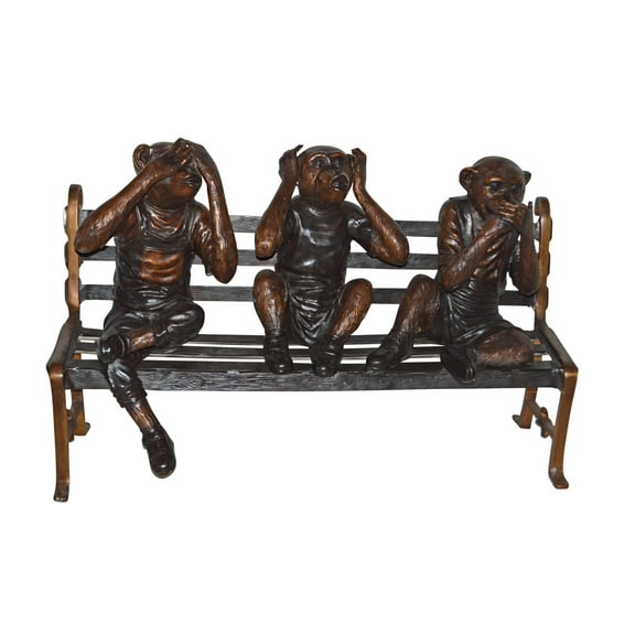 Three wise monkeys on bench large bronze statue bronze - Size: 52" x 32" x 36"H