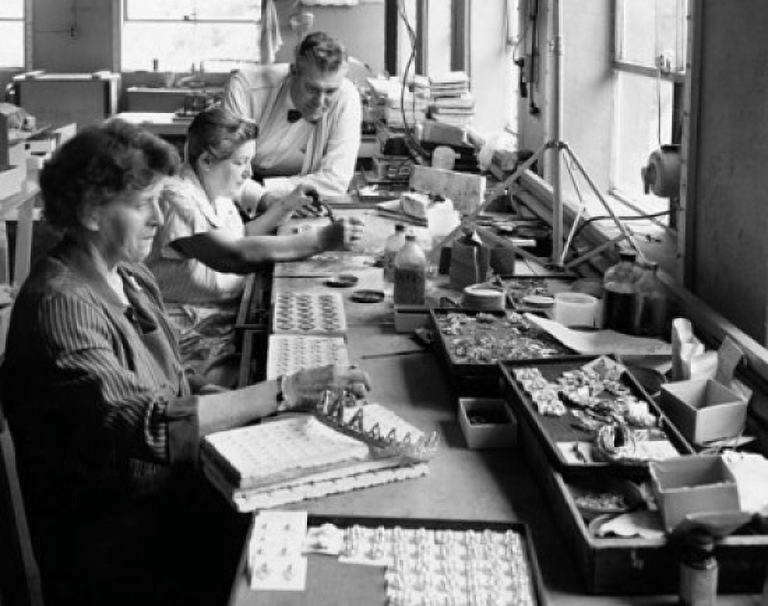 Three workers in a factory Canvas Art - (18 x 24)