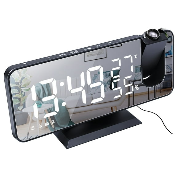 ThreeH Projection Alarm Clock for Bedroom Large 7.4'' LED Mirror Display & 4 Dimmer Radio Alarm Clock with USB Charging 180° Rotable 2 Sounds Black-White