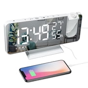 ThreeH Projection Alarm Clock with FM Radio 7.4 Mirror Display 2 Sounds 4 Dimmer White