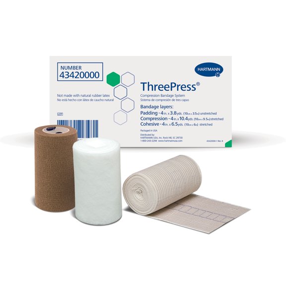 ThreePress 3 Layer Compression Bandage System, Non-Sterile, Tan/White, 1 Count, 8 Packs, 8 Total