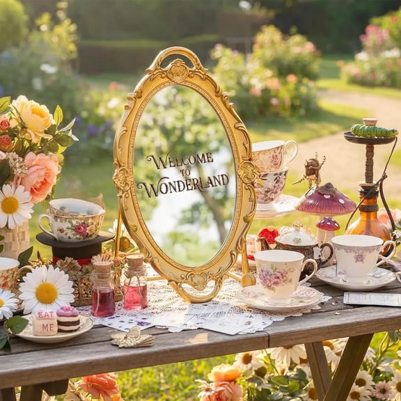 Threehoney Wonderland Tea Party Decoration Vintage Oval Mirror 15.4 x 9.4 Inch Golden Mirror for Tea Party Decoration Birthday Baby Shower Women Wedding Dinner Supplies(Welcome to Wonderland) Y114