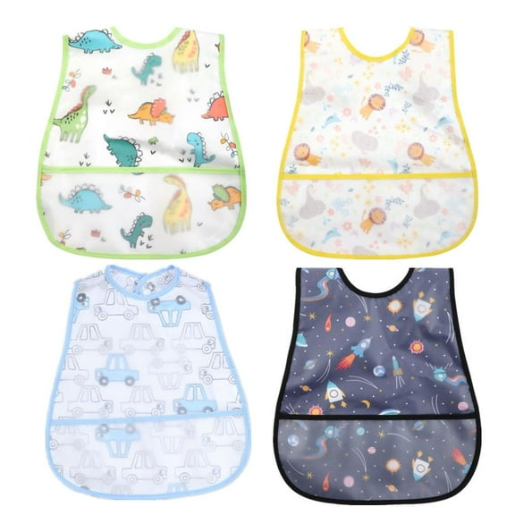 Threemushroom Baby Bibs Set, Waterproof, Cotton Baby Bib with Crumb Catcher Pocket,4 Piece