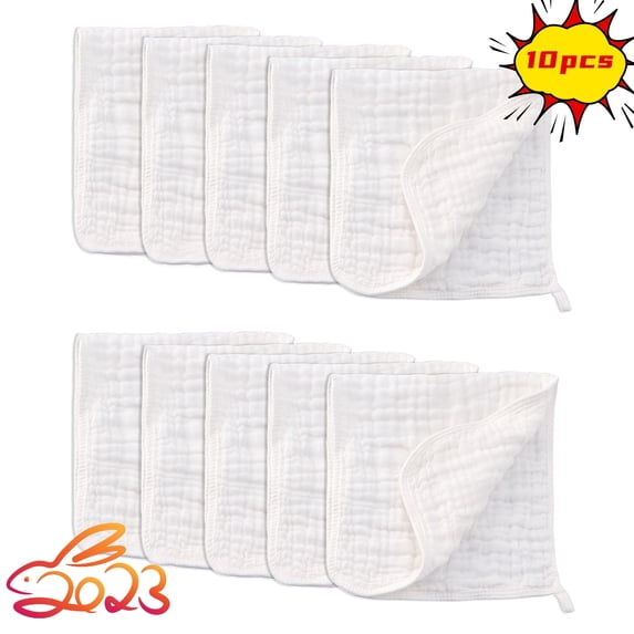 Threemushroom Reusable Muslin Cotton Burp Baby Bib, White, 20''x10'', 10 Piece