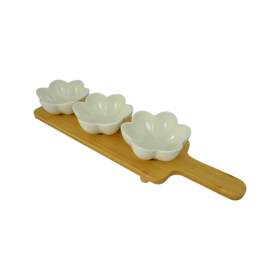 Threestar Whiteware 3 Ceramic Dipping Bowls on Wooden Base