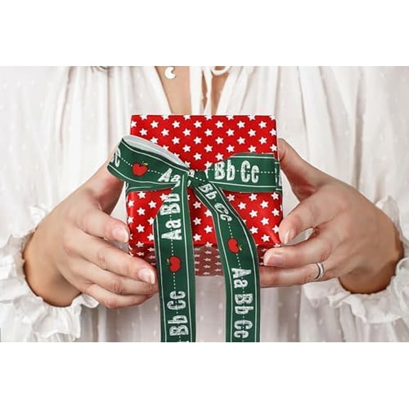 Threetols 2 Rolls 10 Yards Back to School Wired Edge Ribbon, 2.5inch Green ABC Apple Burlap Ribbon Globe Check Gift Wrapping Ribbon for First Day of School Party DIY Craft Teacher Wreaths Bow Decor