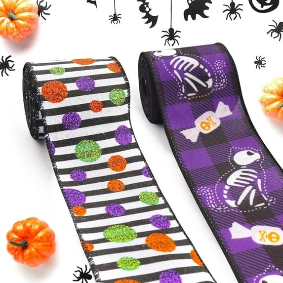 Threetols 2 Rolls 10 Yards Halloween Wired Edge Ribbon, 2.5inch Black Orange Glitter Pumpkin Burlap Ribbon, Orange Velvet Ribbon for Halloween Party DIY Craft Home Wreaths Bow Decor