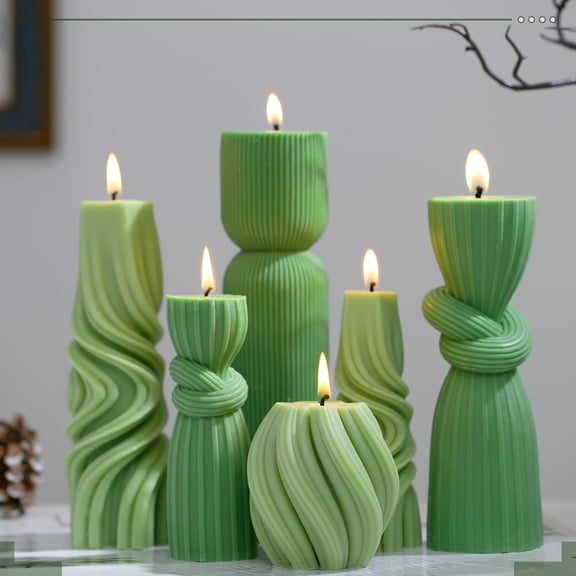 Threlaco 6 Pcs Ribbed Pillar Candles Modern Aesthetic Ribbed Decorative Candle Set Cute Soy Wax Scented Decor for Home(Green) Y101