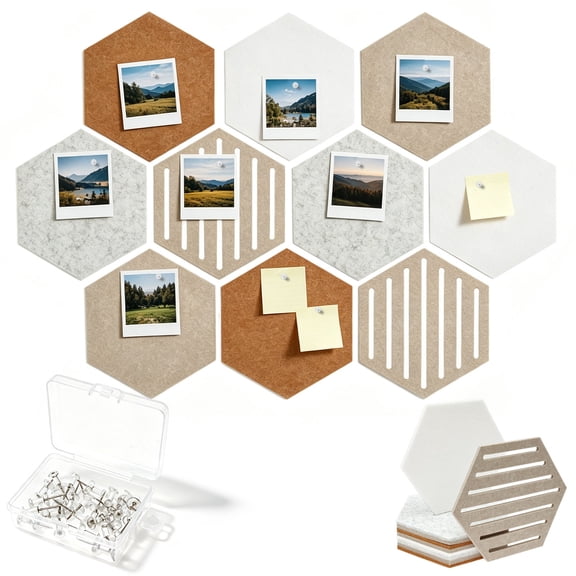 Threns 10 Pack Hexagon Cork Board Tiles Alternative, 12'' Fully Self-Adhesive Modern Felt Bulletin for Wall Decor, Frameless Pin Board for Office, Renter-Friendly Hexagon Corkboard with 30 Pins