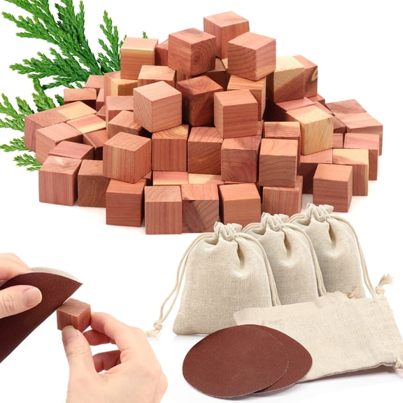 Threns 100Pcs Cedar Blocks for Clothes Storage, Reusable Cedar Wood Cube Set with Drawstring Bag and Sandpaper for Closets and Drawers Cabinet
