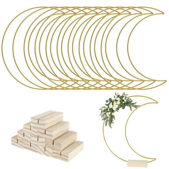 Threns 10Pcs Table Hoop Centerpieces with Wood Base Moon Shape Metal Hoop Centerpiece Elegant Moon Metal Hoop Sturdy Gold Hoop Centerpieces Wreath Ring Stand for DIY Decoration Crafts