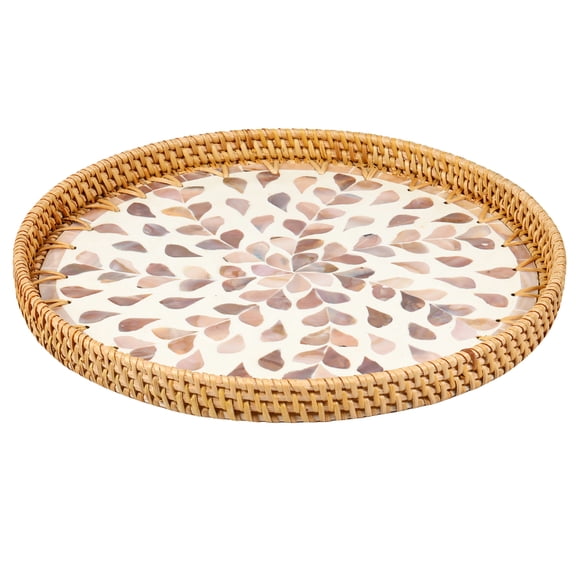 Threns 11.8'' Round Rattan Serving Tray Hand-Woven Rattan Tray Desktop Organizer Trays for Coffee Table