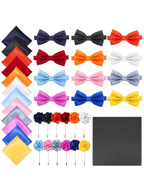 12 Bowties for Men Bow Ties and Pocket Square Set,Bow Ties Lapel Pin Self Pre Tied Clip on Bow for Wedding Formal Party