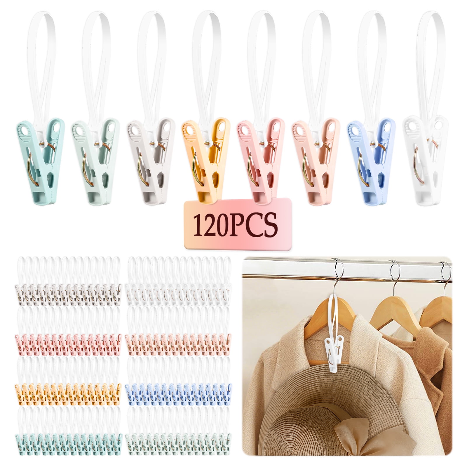 Threns 120Pcs Clothes Pin Rope Hanger Windproof Baby Clothes Pin Hanger with Rope Plastic Drying Underwear Clip for Clothesline Closet