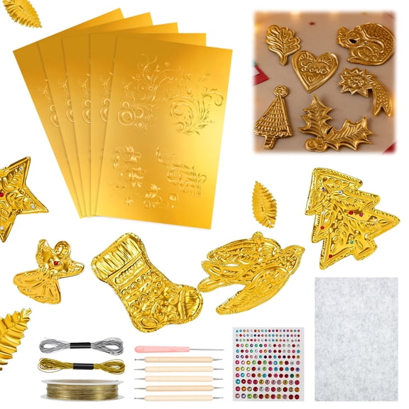 Threns 15Pcs Foil Paper Art Foils Sheet - Gold Foils Sheets,Decorative Metal Sheet Embossing Tools,Artwork Making Kit for Painting Gilding Crafting Decoration,with 2 Rolls Wire,Engraving Tools