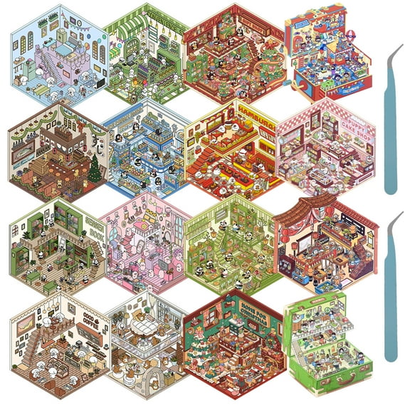 Threns 16Pcs DIY 3D House Stickers Set Reusable PET 3D Cartoon Scene Stickers with 2 Tweezers Make Your Own Mini Room Scenes for Decoration