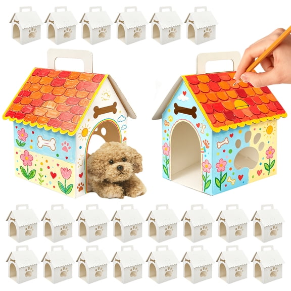 Threns 24 Pcs Dog Party Favors Boxes with Handle, Foldable Dog House Shaped Treat Gift Boxes with Holes for Puppy Pet Adoption, Kid DIY Crafting, Birthday Back to School Party Supplies