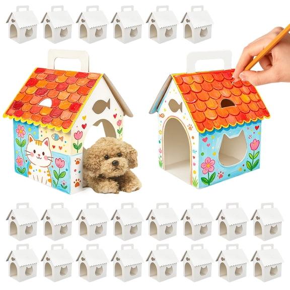 Threns 24 Pcs Dog Party Favors Boxes with Handle, Foldable Dog House Shaped Treat Gift Boxes with Holes for Puppy Pet Adoption, Kid DIY Crafting, Birthday Back to School Party Supplies