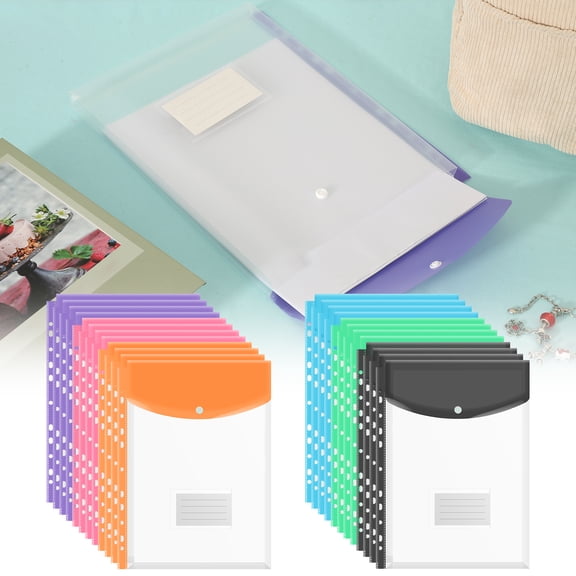 Threns 24Pcs Plastic Loose Leaf A4 Binder Pocket Large Capacity Waterproof Envelope File Folder With Snap Button for School Home Work Office
