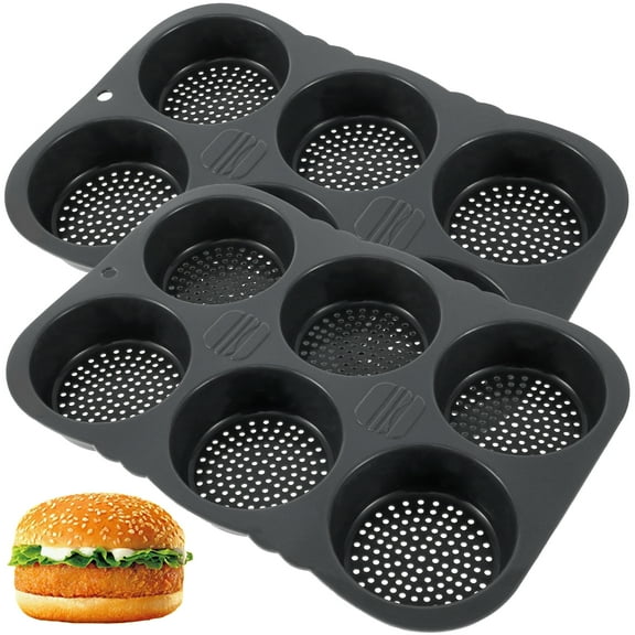 Threns 2Pcs Silicone Hamburger Bun Mold 6-Cavity Egg Muffin Baking Pan Non-Stick Silicone Bread Pan