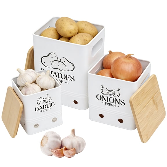 Threns 3 Pack Vegetable Storage Tins,Metal Onion Garlic Potato Jars Set,Kitchen Canisters Vegetable Keeper Containers with Aerating Holes and Wooden Lid