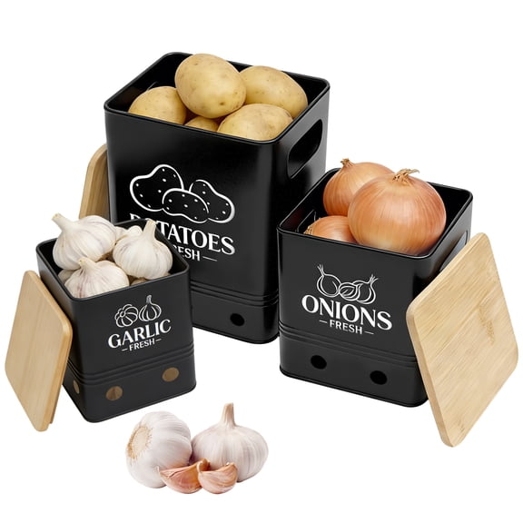 Threns 3 Pack Vegetable Storage Tins,Metal Onion Garlic Potato Jars Set,Kitchen Canisters Vegetable Keeper Containers with Aerating Holes and Wooden Lid