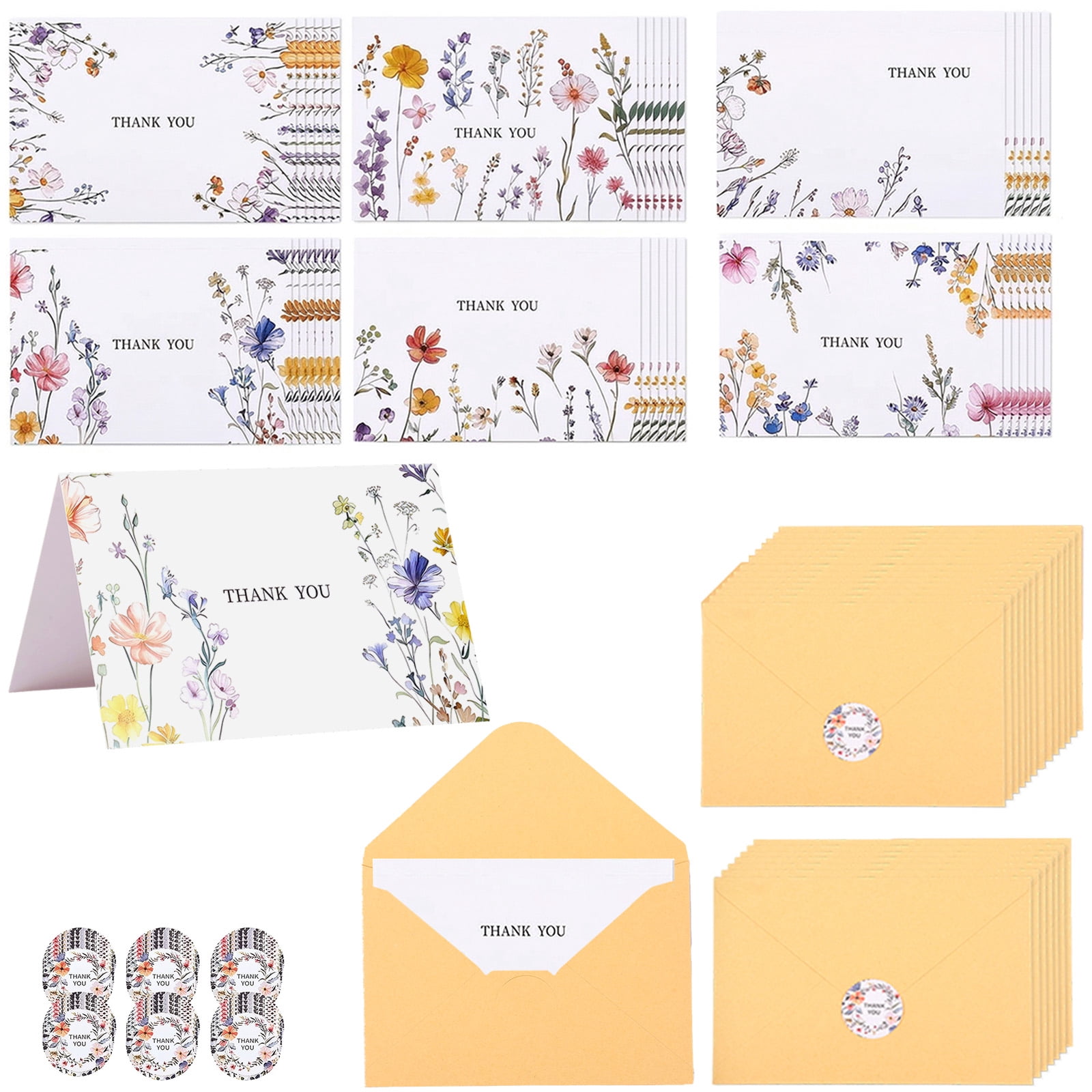 Threns 36 Pack Floral Thank You Cards Bulk with Kraft Envelopes and ...