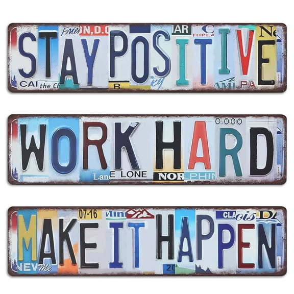 Threns 3Pcs Vintage License Plate Wall Decor Metal Street Sign Room Decor Make It Happen Stay Positive Work Hard Inspirational Wall Art for Home Study Room Gym Office Cafe