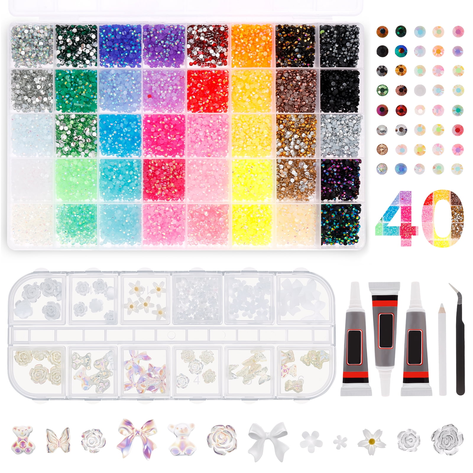 Threns 40 Colors Resin Rhinestone for Bedazzling 0.12in 32000 Pcs Flatback Rhinestone for Crafting Bedazzling Kit with 3Pcs B7000 Glue for Clothing Shoes Nail Book Diamond Art