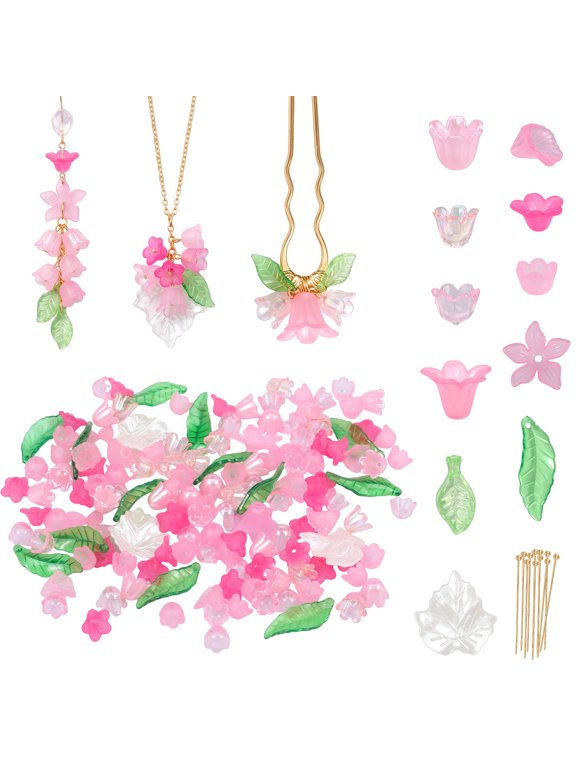 400 Pcs Assorted Acrylic Beads Kit, Pink and Green Flower Leaf Shape Beads for Jewelry Making, DIY Bracelet Necklace Keychain Charms