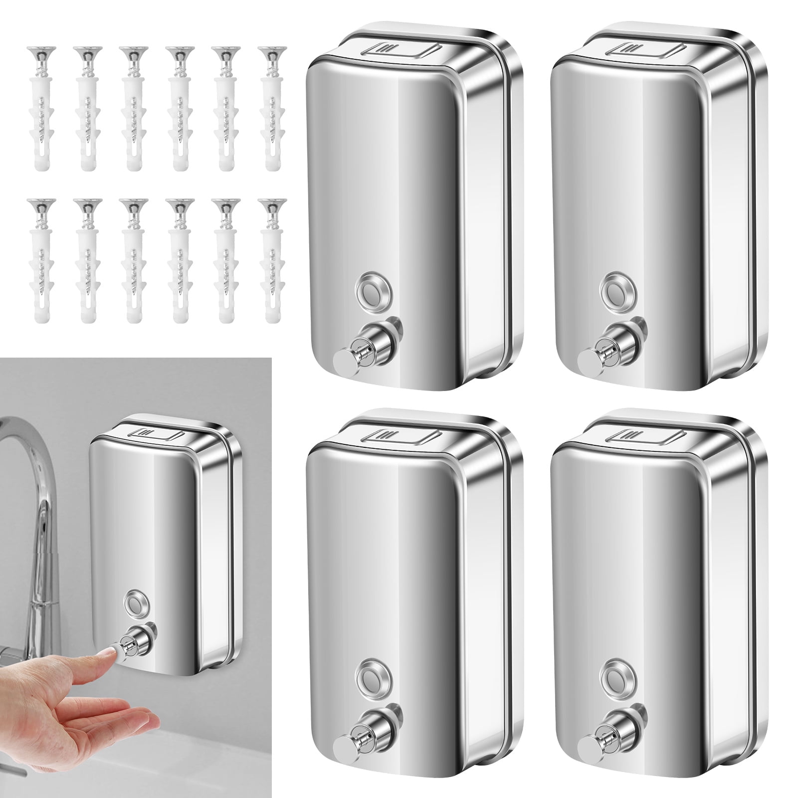 Threns 4Pcs Commercial Soap Dispenser Wall Mount Stainless Steel Manual Liquid Pump Rust-Proof Leak Free for Bathroom,33.8 oz