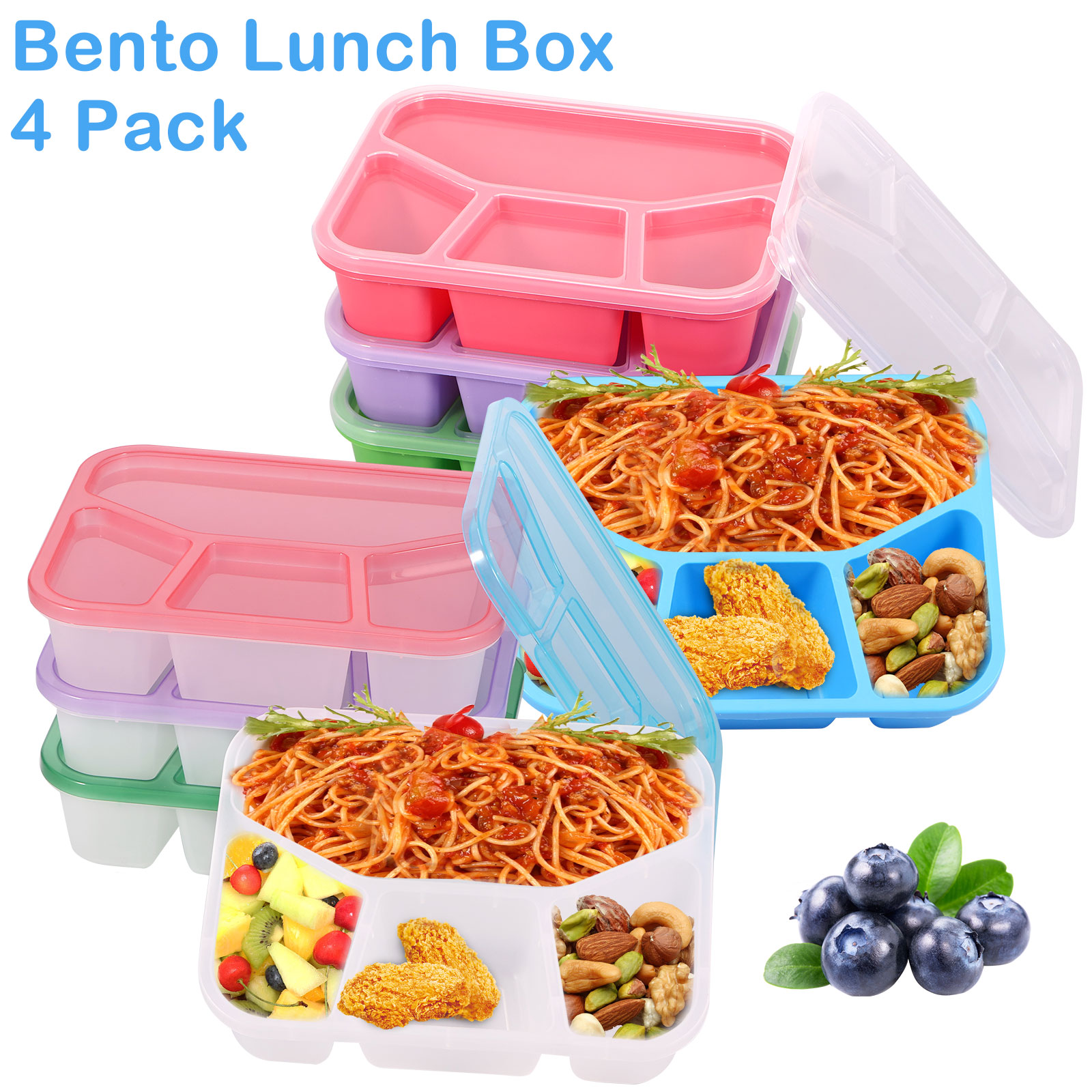 Threns 4Pcs Kids Snack Containers with Lid 4 Compartment Bento Snack Box Stackable Lunch