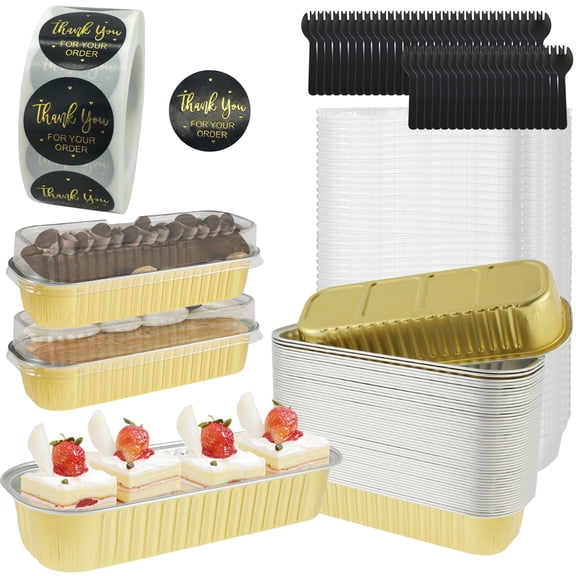 Threns 50Pcs Mini Loaf Pans with Lids and Spoons 6.8oz Rectangle Aluminum Foil Baking Pans Reusable Mini Bread Containers Muffin Tins Heat-Resistant Narrow Cake Pans for Mini Brownie Cake Bread