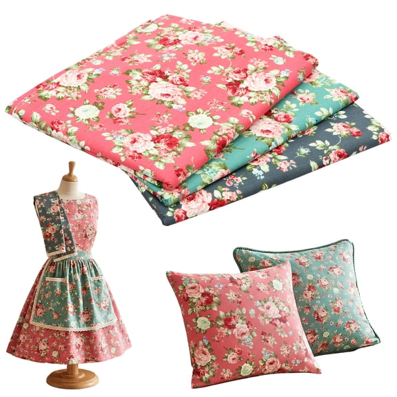 Threns 62 Inch Wide Floral Cotton Fabric, 3Pack Rose Pattern Flowers Print Quilting Fabric Bundle for Quilting Sewing Crafting DIY Making