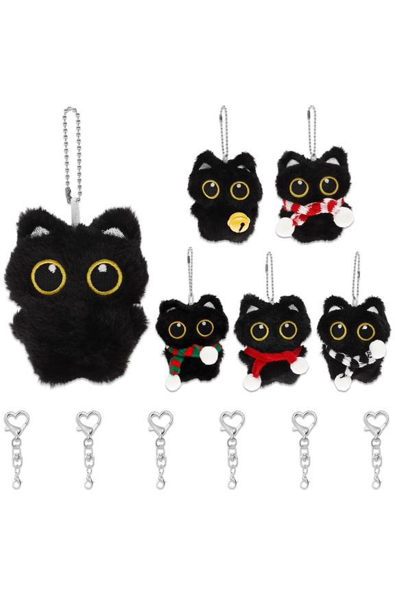 6Pcs Assorted Style Plush Black Cat Shape Bag Charm Lightweight Unique Black Cat Style Keychain Accessories for Handbag Backpack Purse
