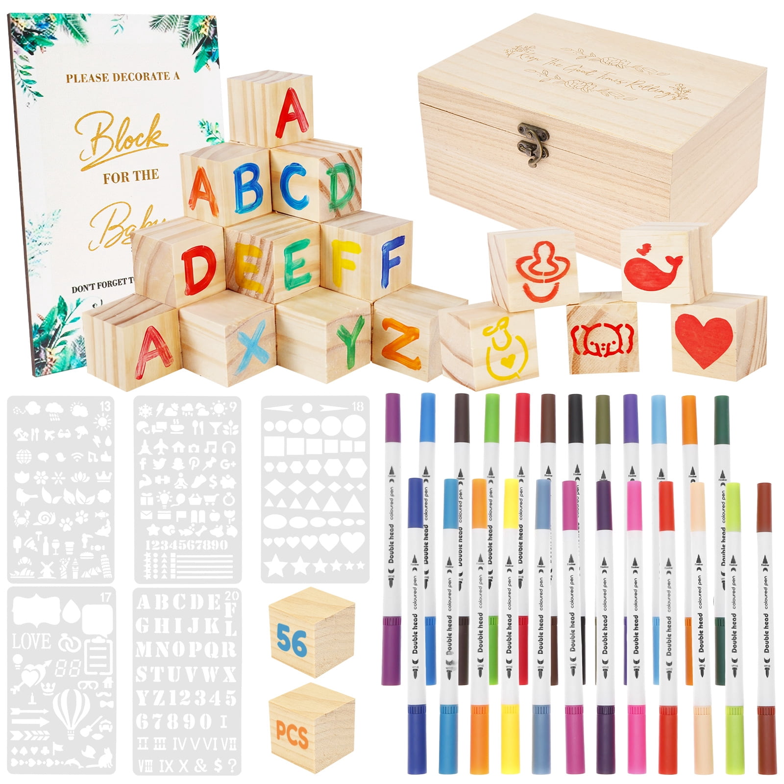 Threns 85Pcs Baby Shower Games Sign Kit, Baby Shower Blocks Game Set with Wooden Box, Acrylic Markers, Wooden Sign for Baby Shower Games, Gender Reveal and Decorations (GreenLeaves)