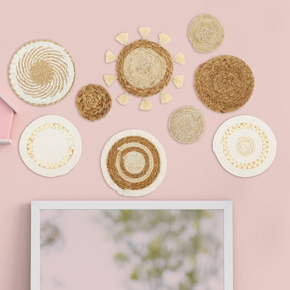 Threns 9 Pack Bohemia Wall Baskets Set Round Seagrass Basket Wall Art Handmade Wall Art Hanging Baskets for Home Living Room