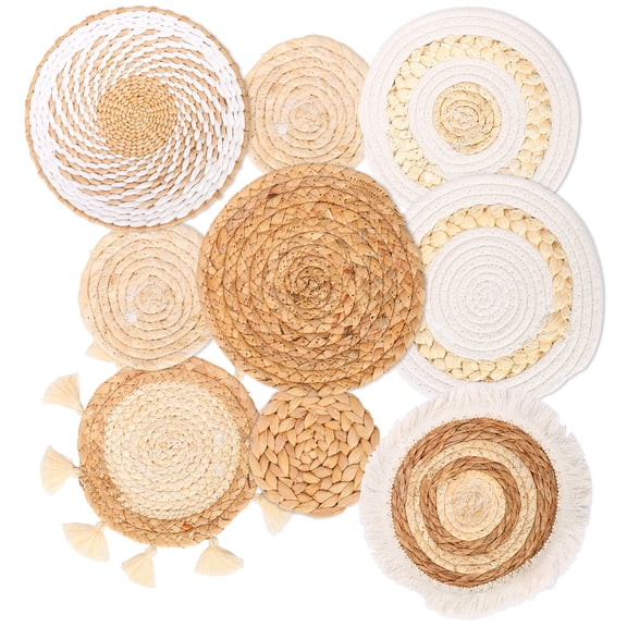 Threns 9Pcs Boho Wall Basket Decor,Rattan Woven Wall Basket for living room,Rustic Flat Elegant,Farmhouse,Bedrooms,Table Settings,Kitchen Home